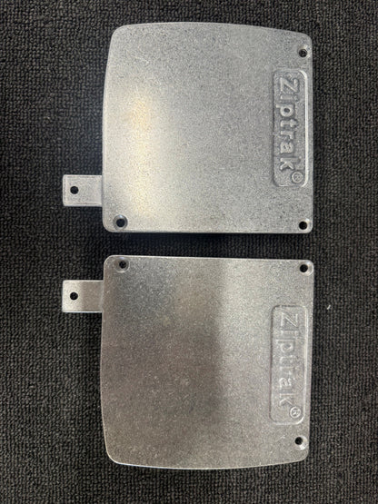 Ziptrak 135mm pelmet side frame pair showing the embossed genuine Ziptrak logo